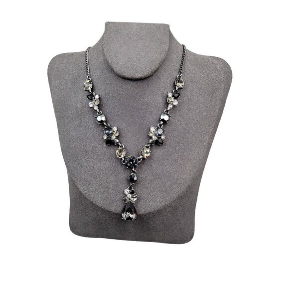 Givenchy Elegant Black & Clear Rhinestone Teardrop Statement Necklace 20" VTG - Picture 1 of 16